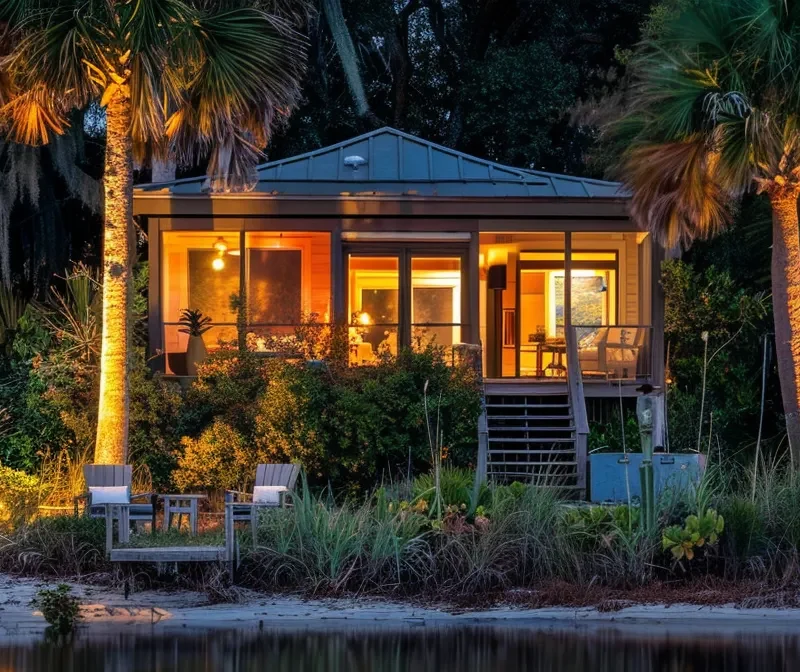 a cozy beachfront bungalow surrounded by lush palm trees overlooking the crystal-clear waters near merritt island kayak tours.