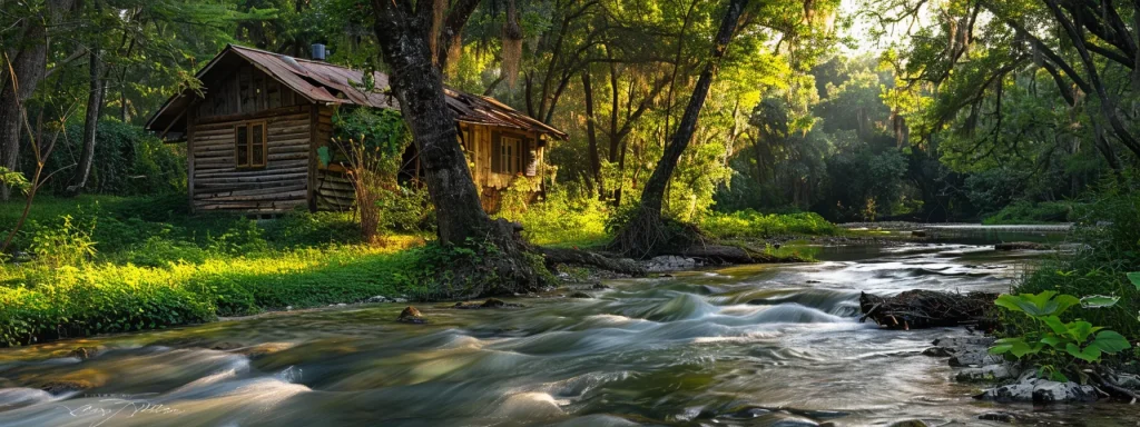 a rustic cabin nestled beside a tranquil river, surrounded by lush greenery, perfect for relaxing after a day of kayaking adventures near merritt island.