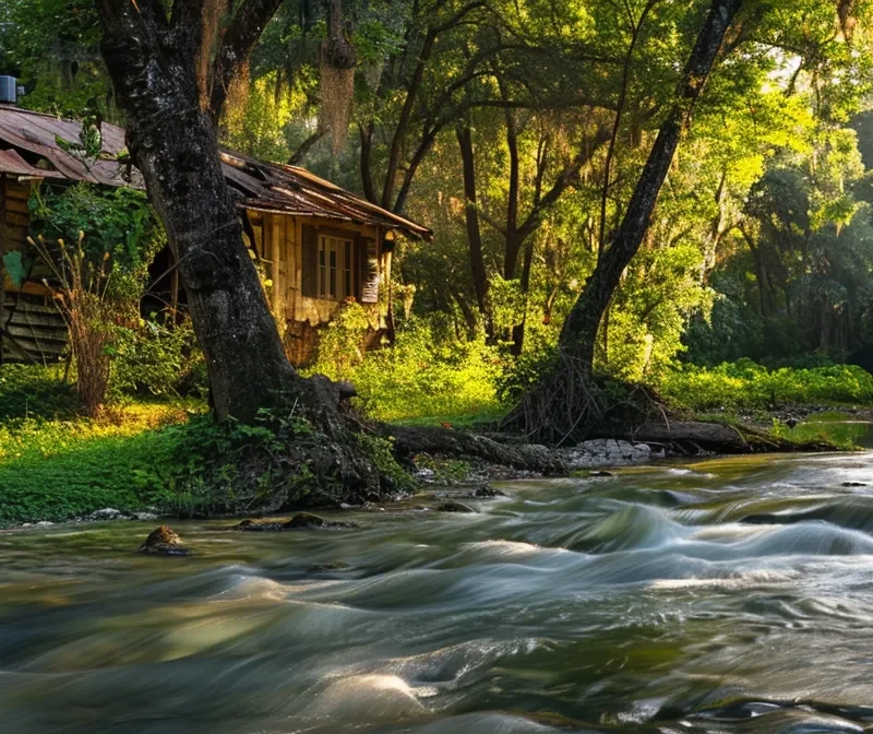 a rustic cabin nestled beside a tranquil river, surrounded by lush greenery, perfect for relaxing after a day of kayaking adventures near merritt island.