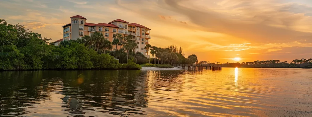 a serene sunset over calm waters with a waterfront hotel in the background, perfect for exploring merritt island by kayak.