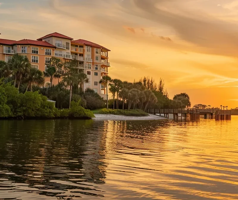 a serene sunset over calm waters with a waterfront hotel in the background, perfect for exploring merritt island by kayak.