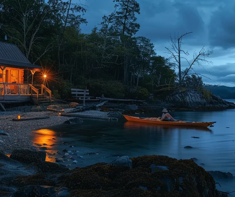 a cozy beachfront cabin glowing with soft candlelight, overlooking a serene bay filled with bioluminescent kayaks.