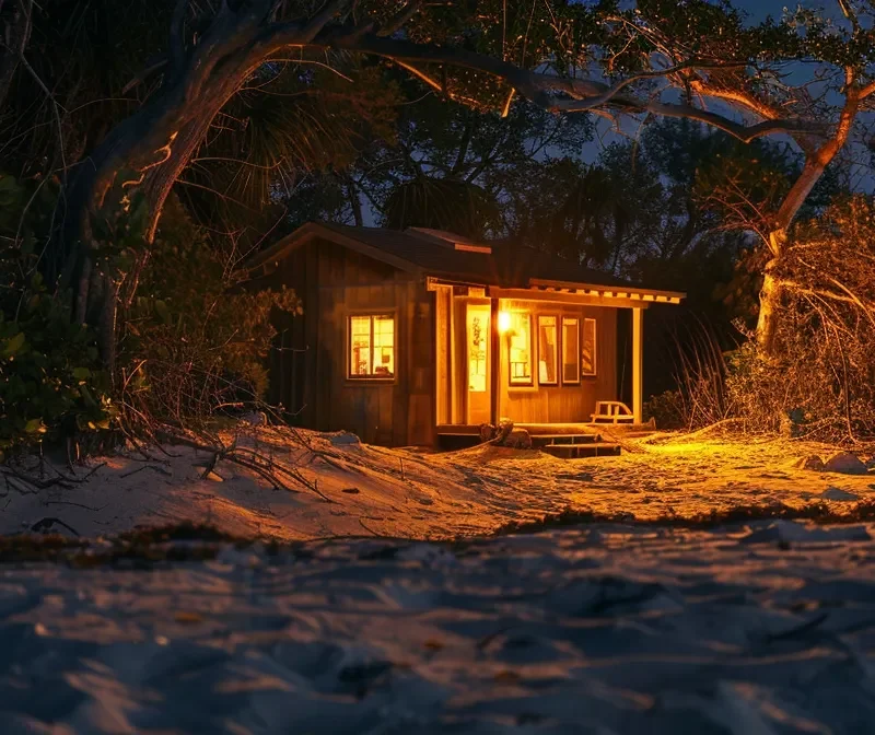 a cozy beachside cabin aglow with the magical light of bioluminescence, nestled on the shores of merritt island.