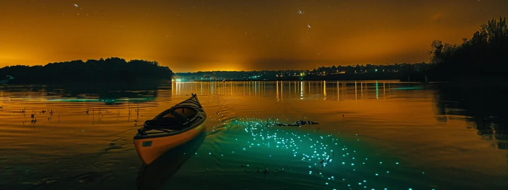 a serene night scene with a kayak gently gliding through glowing bioluminescent waters.