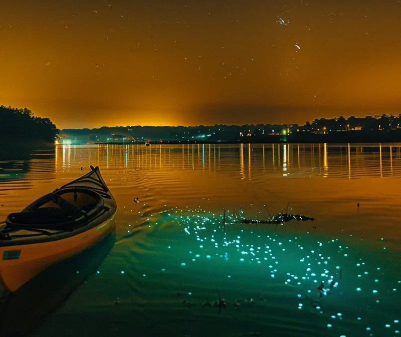 a serene night scene with a kayak gently gliding through glowing bioluminescent waters.