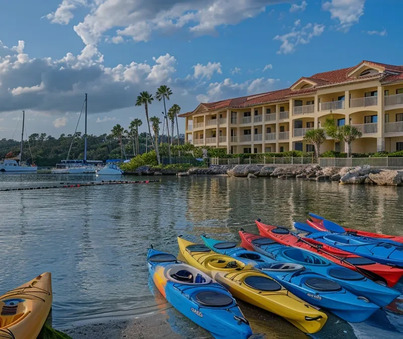 a serene waterfront hotel overlooking a tranquil bay with colorful kayaks lined up along the shore.