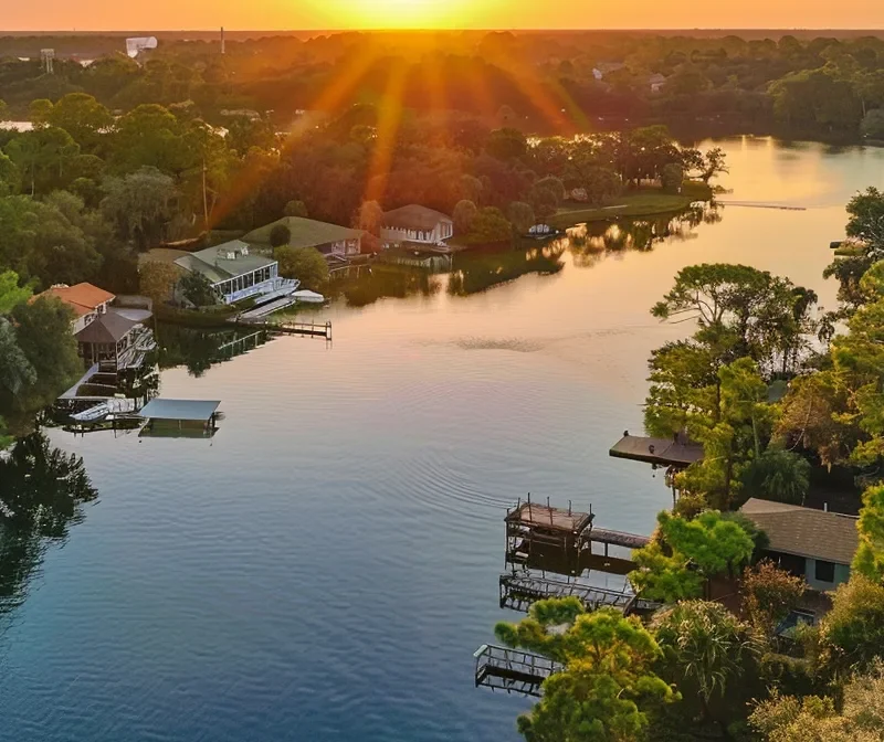 a serene sunset over a tranquil lake, with cozy cottages nestled among lush green trees, perfect for relaxing after a day of thrilling merritt island kayak adventures.