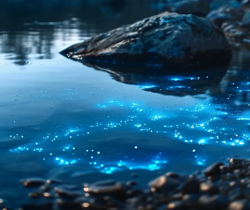 capturing the ethereal glow of bioluminescent creatures reflecting on still water in the darkness of night.