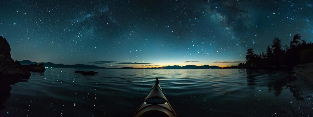 a serene nighttime kayak tour glows under a starlit sky, with the calm water reflecting shimmering lights from distant shores, creating a mesmerizing and tranquil atmosphere.