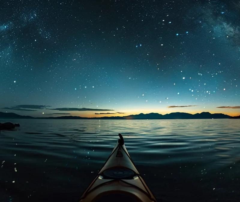 a serene nighttime kayak tour glows under a starlit sky, with the calm water reflecting shimmering lights from distant shores, creating a mesmerizing and tranquil atmosphere.