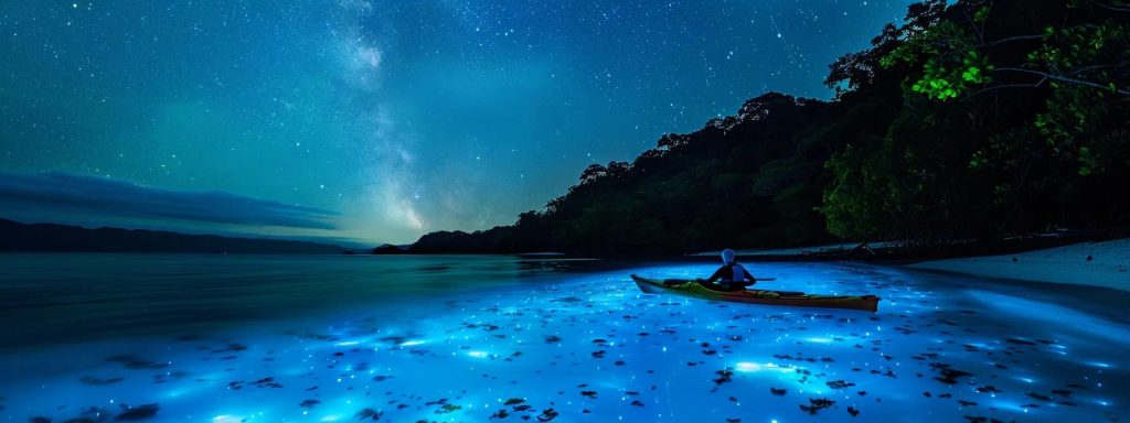 a mesmerizing scene captures a tranquil night kayak tour gliding over glowing, bioluminescent waters, illuminated by ethereal blue and green light under a starlit sky.