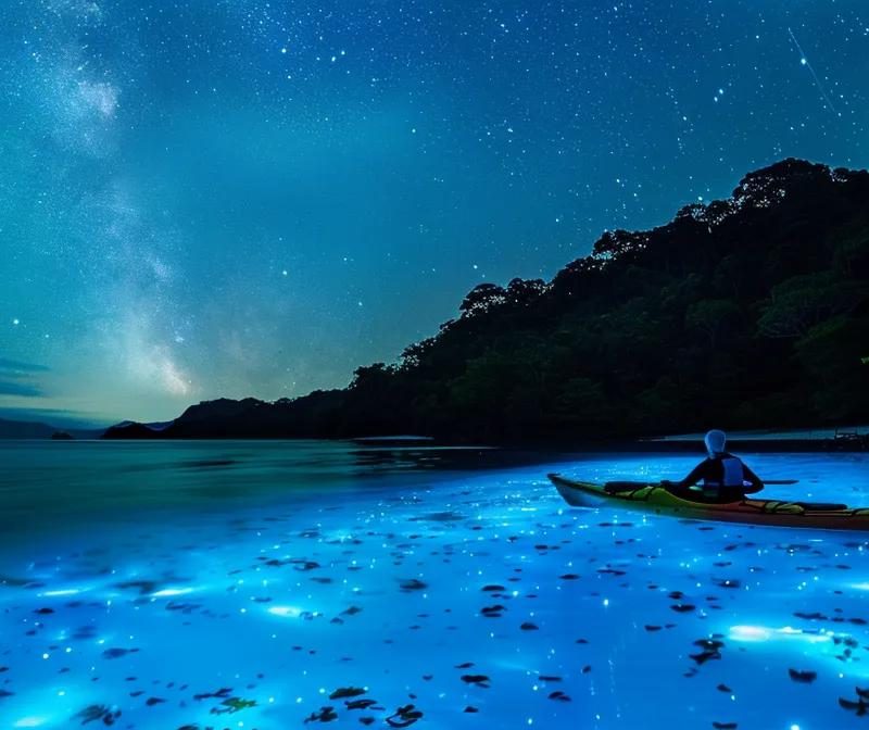 a mesmerizing scene captures a tranquil night kayak tour gliding over glowing, bioluminescent waters, illuminated by ethereal blue and green light under a starlit sky.