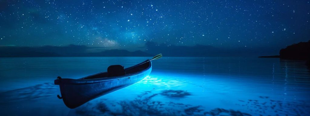 a serene nighttime scene captures a glowing bioluminescent kayak gliding through calm waters, illuminated by the ethereal blue light of marine life, which contrasts beautifully against a star-filled sky.