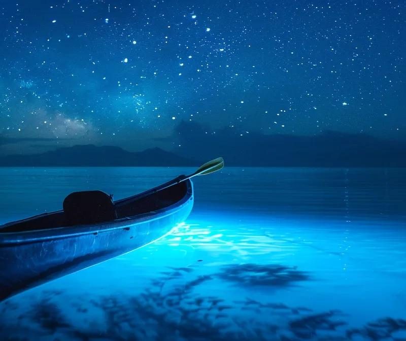 a serene nighttime scene captures a glowing bioluminescent kayak gliding through calm waters, illuminated by the ethereal blue light of marine life, which contrasts beautifully against a star-filled sky.