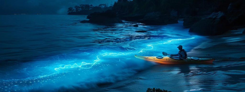 a vibrant, bioluminescent kayak glides through a serene, dark lagoon, with glowing waves radiating a mystical blue light, capturing the enchanting beauty of nature at dusk.