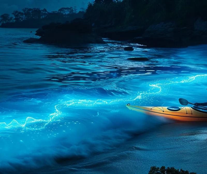 a vibrant, bioluminescent kayak glides through a serene, dark lagoon, with glowing waves radiating a mystical blue light, capturing the enchanting beauty of nature at dusk.