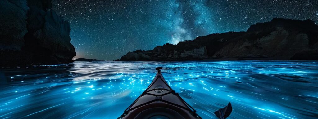 a mesmerizing scene of a serene night kayaking adventure, with vibrant bioluminescent waves illuminating the water beneath a starlit sky.