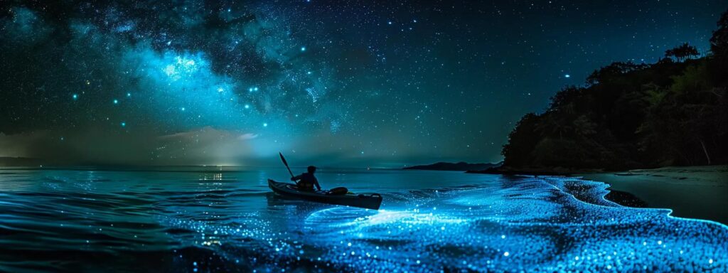 a mesmerizing scene of a guided night kayaking adventure, where luminous bioluminescence lights up the water, casting an enchanting glow against the darkened, star-studded sky.