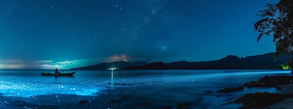 a serene nighttime scene of a glowing bioluminescent bay, where vibrant blue-green light trails illuminate the water around a lone kayak gliding through the shimmering waves under a starry sky.