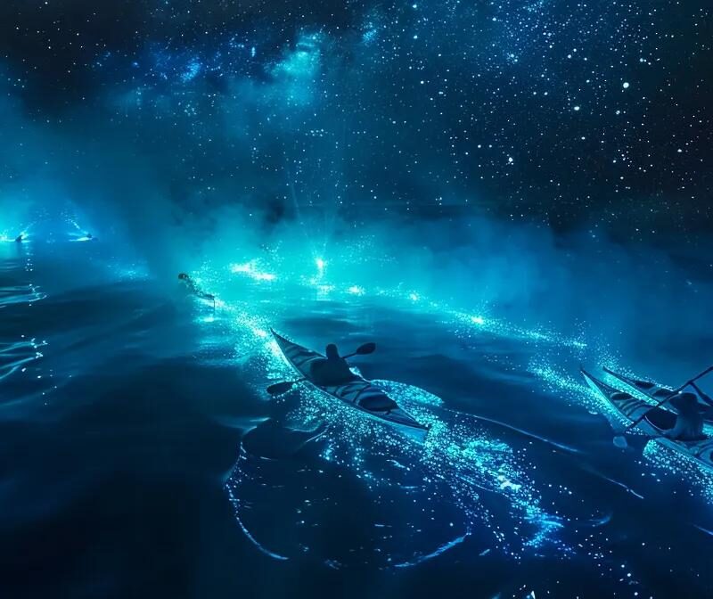 a mesmerizing nocturnal scene captures glowing bioluminescent kayaks gliding through dark waters, illuminating the surroundings with ethereal blue hues against a starry night sky.